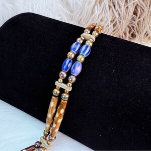 Vintage bohemian chic Blue and Brown Beaded choker, tie necklace